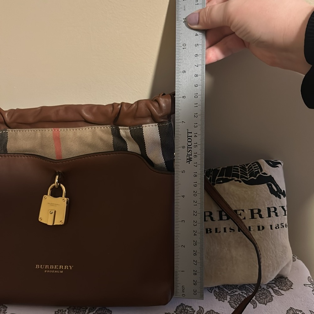 Burberry Brown Leather Drawstring Crossbody with Check Trim - Picture 15 of 16